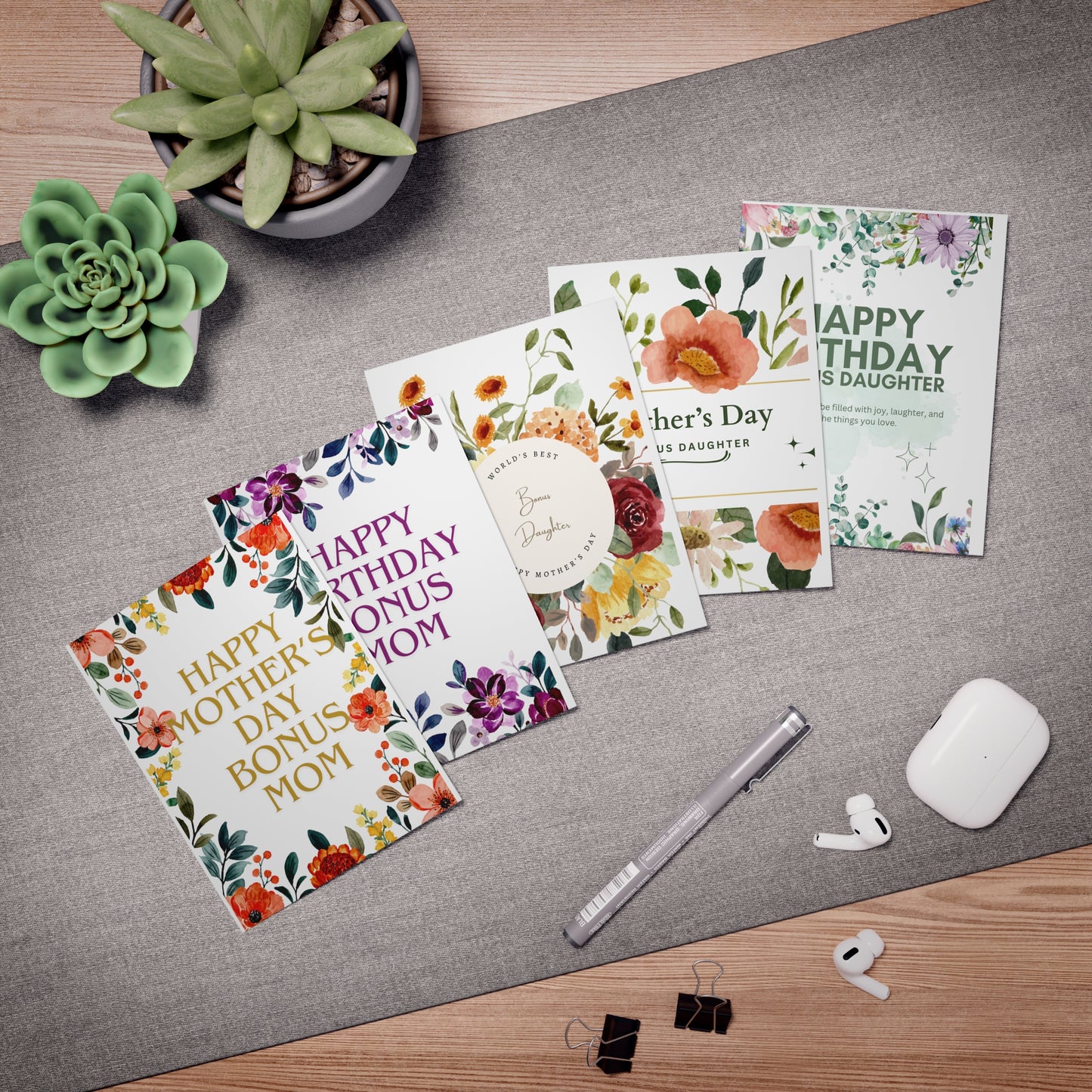 Multi-Design Greeting Cards (5-Pack) for Bonus Mom & Bonus Daughter's Mother's Day and Birthdays