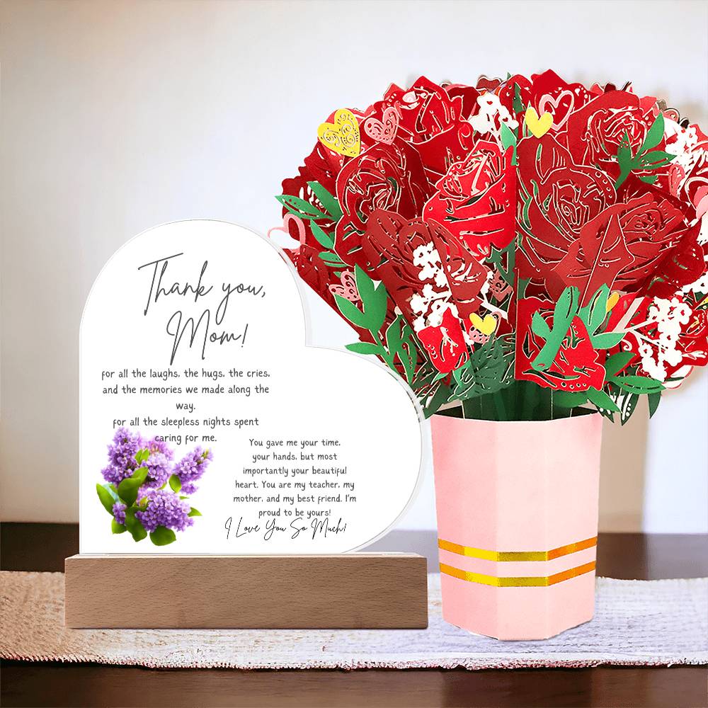 Mom's Appreciation Acrylic Heart Plaque w/ Flower Bouquet Bundle