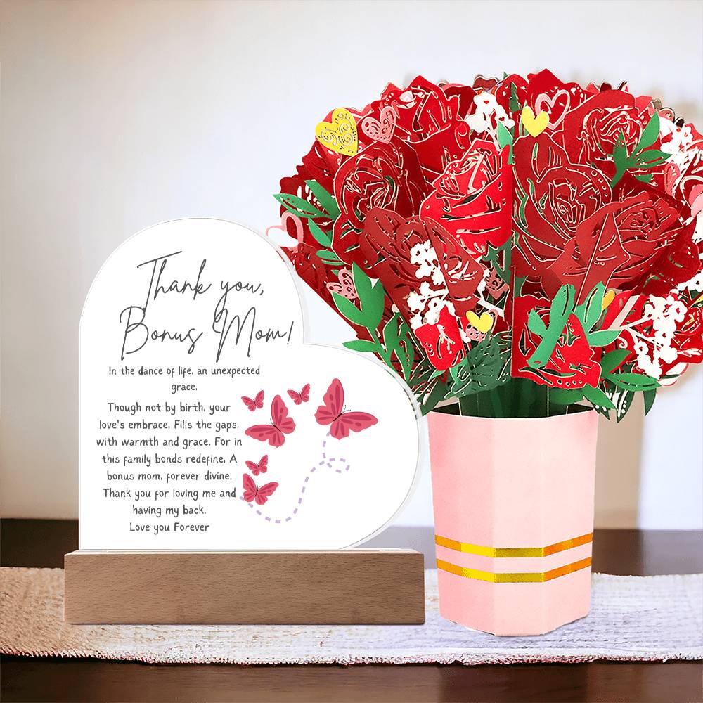 Bonus Mother Printed Acrylic Heart w/ Flower Bouquet Bundle