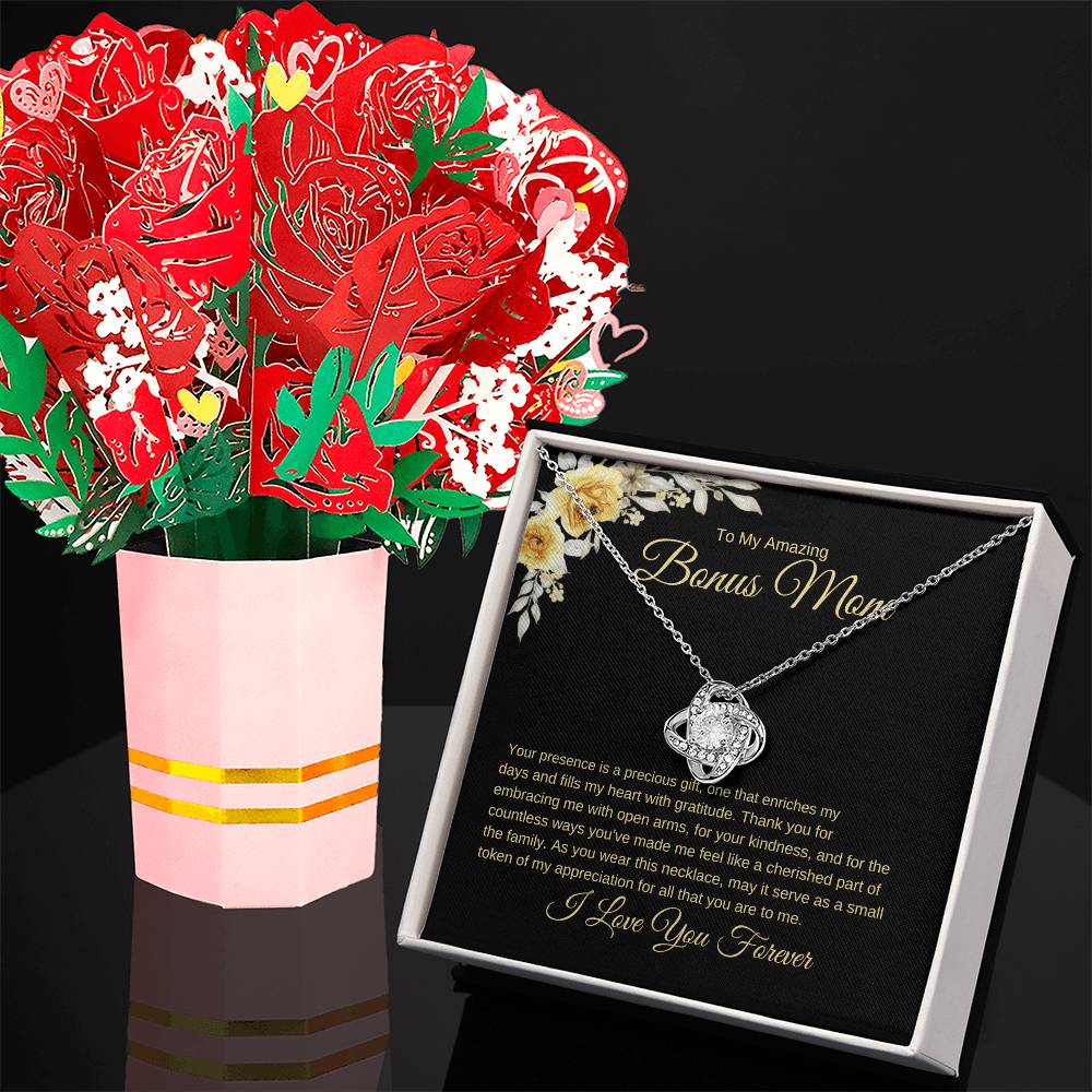 Love Knot Necklace + Flower Bouquet Bundle for Bonus Mom w/ Message Card