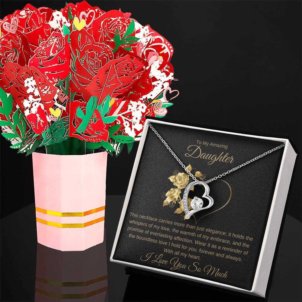 Daughter's Forever Heart Necklace with Message Card & Sweet Devotion Flower Bouquet  Bundle